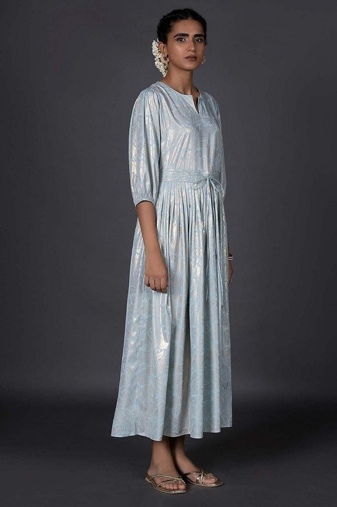 Buy Light Blue Foil Printed Pleated Dress With Belt Online - Shop