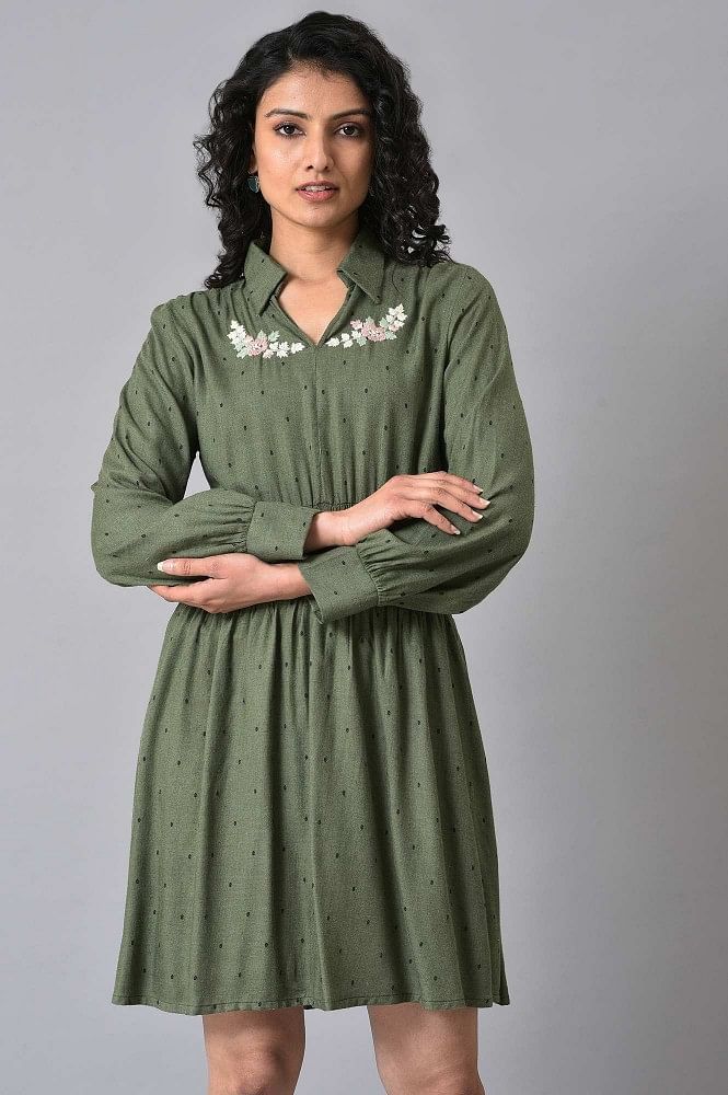 Buy LOV Olive Green Schiffli Detail Tiered Dress from Westside