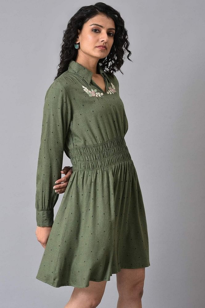 Buy Olive Green Hand Embroidered Short Dress Online - W for Woman