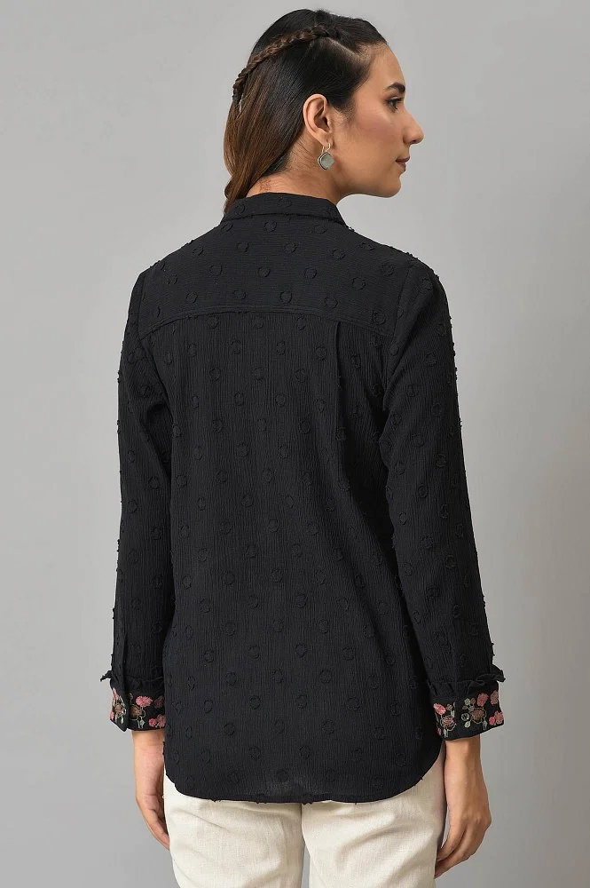 Ava Cotton Jersey Button-Down Shirt - Black