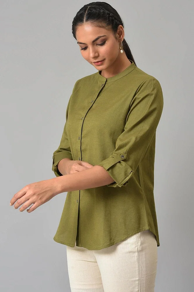 Buy Olive Green Cotton Flax Button Down Top Online - W for Woman