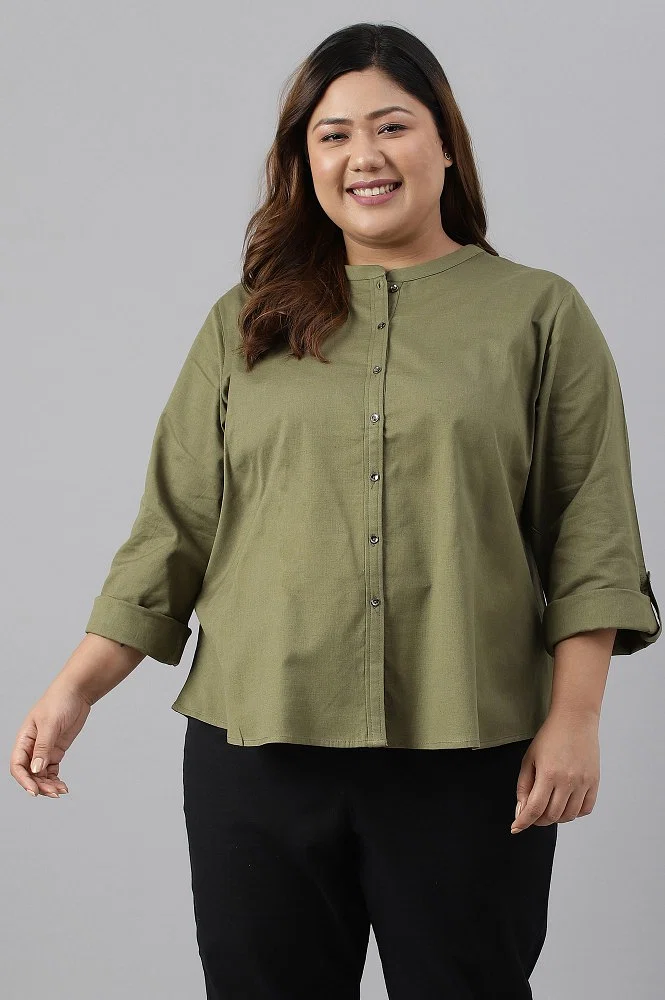 Buy Olive Green Cotton Flax Button Down Top Online - Shop for W