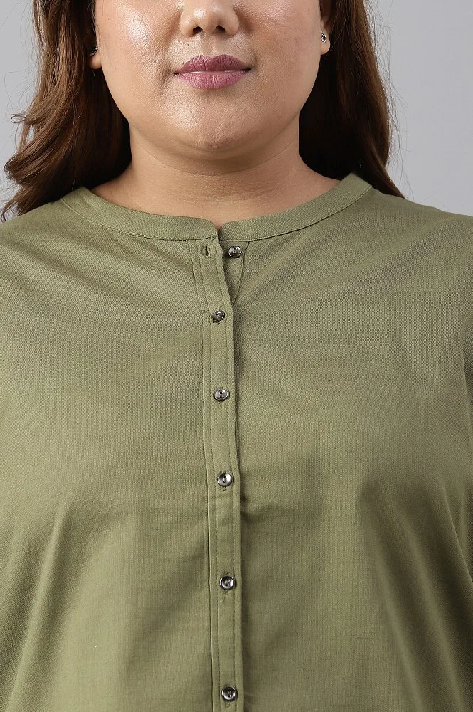 Buy Olive Green Cotton Flax Button Down Top Online - W for Woman