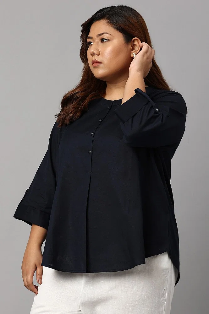Buy Plus Size Navy Blue Cotton Flax Top Online - W for Woman