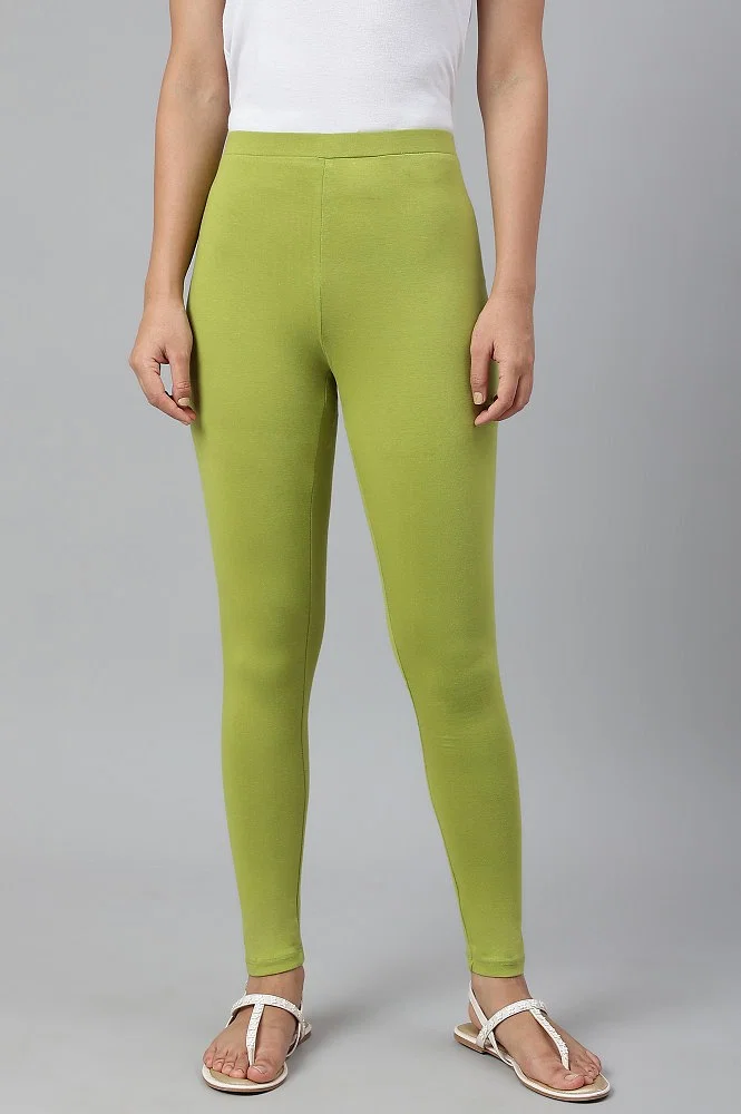 Buy online Solid Light Green Cotton Lycra Calf Length Leggings