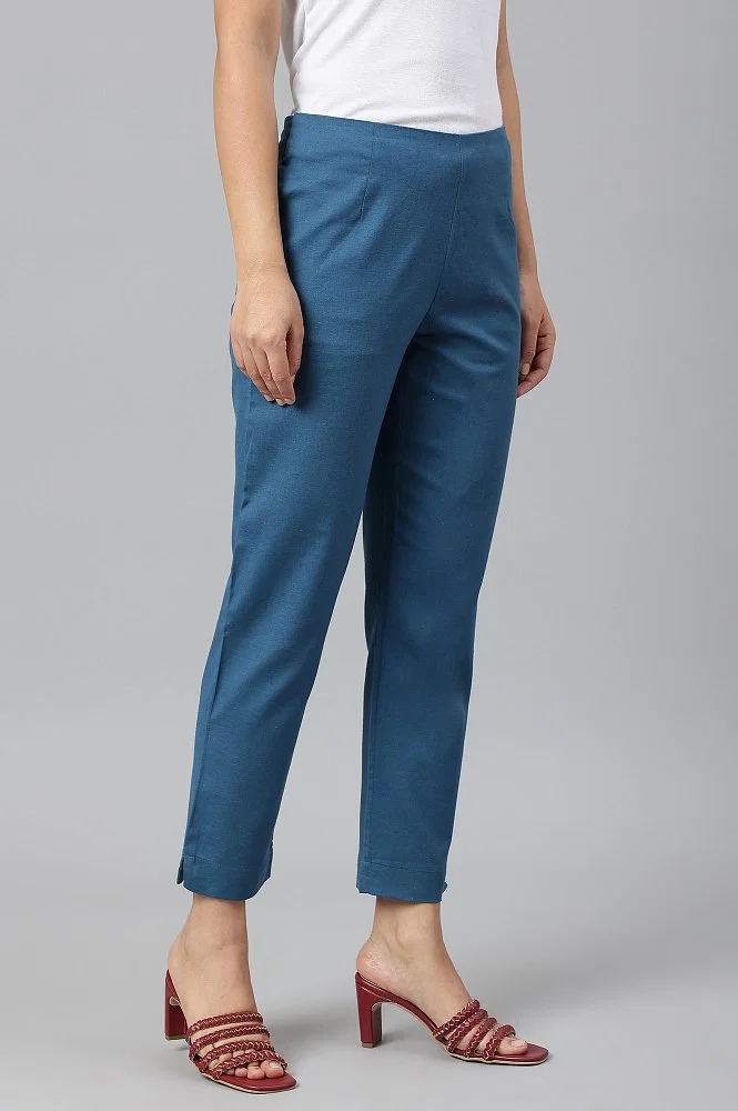 Smart casual royal blue cotton silk narrow fitted pant – Sujatra