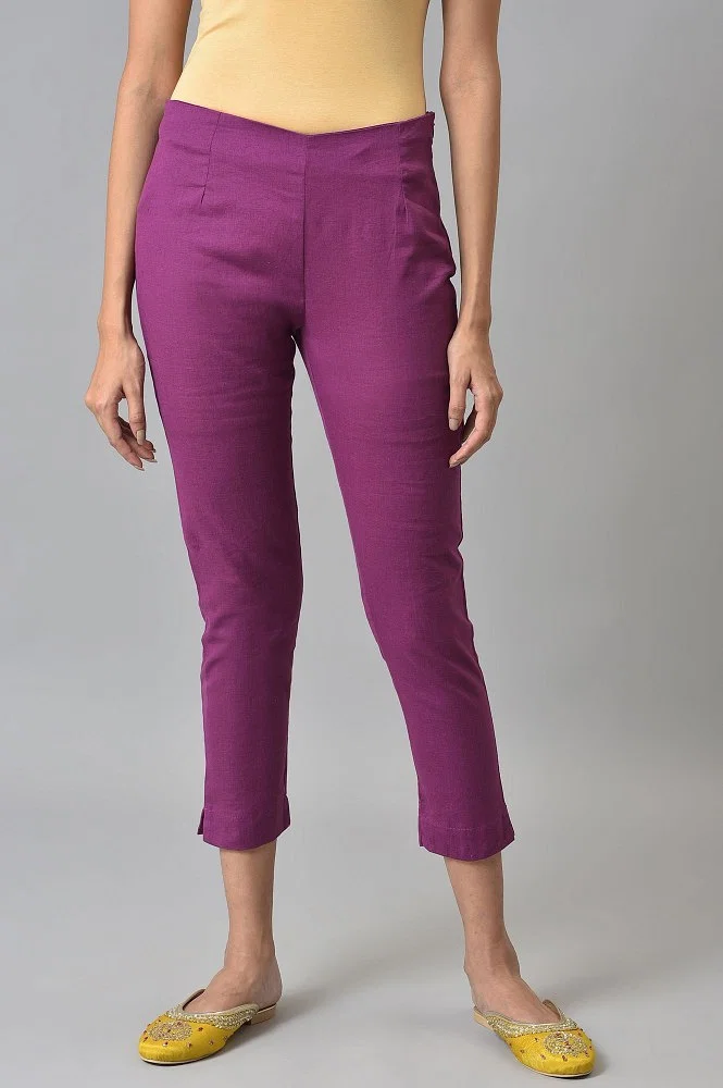 Buy Orchid Purple Cotton Blend Slim Pants Online - Shop for W
