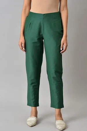 Buy Dark Green Solid Light Festive Slim Pants Online - W for Woman