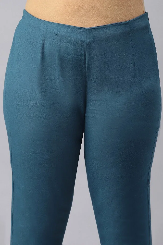 Buy Plus Size Teal Blue Cotton Blend Slim Pants Online - Shop for W