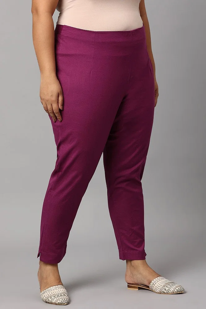 Buy Plus Size Orchid Purple Cotton Blend Slim Pants Online - W for Woman