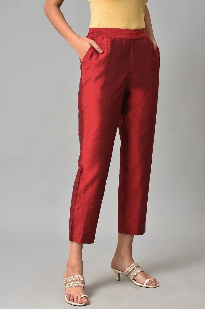 Red Solid Straight Women Pants