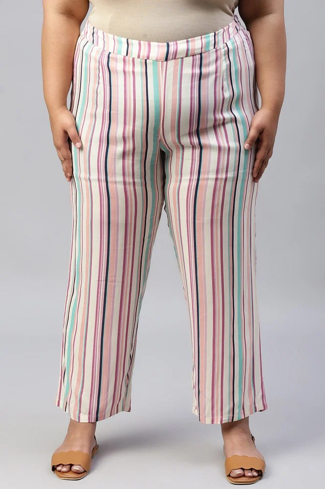 Plus Size Multicoloured Rayon Printed Parallel Pants