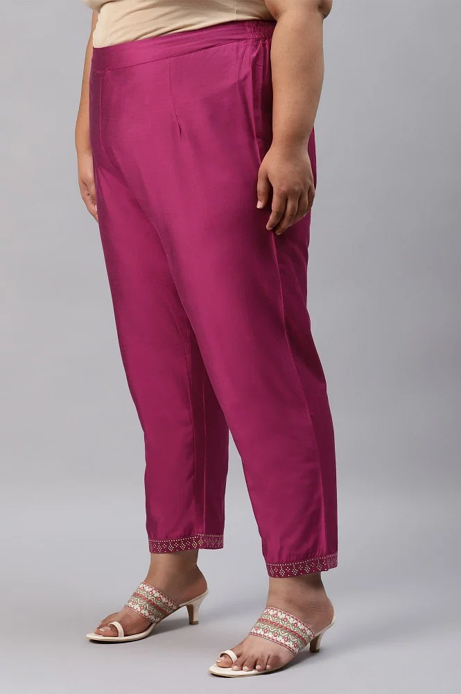 Dark Pink Women Plus Size Pants With Printed Border