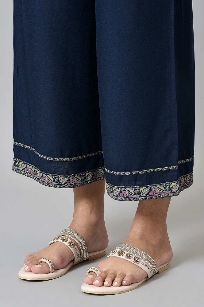 Buy Dark Blue Rayon Printed Parallel Pants Online - W for Woman