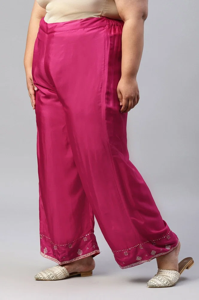 Plus Size Dark Pink Shantung Straight Parallel Pants