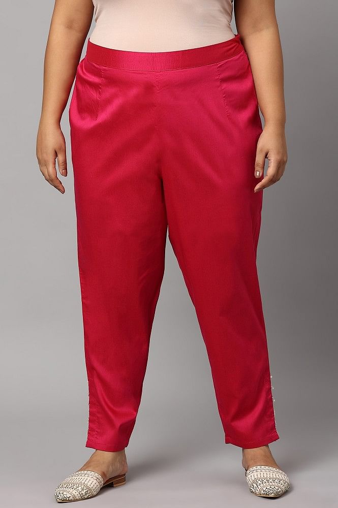 Dark Pink Cotton Spandex Pants | PAHERVESH-NP-RANI | Cilory.com
