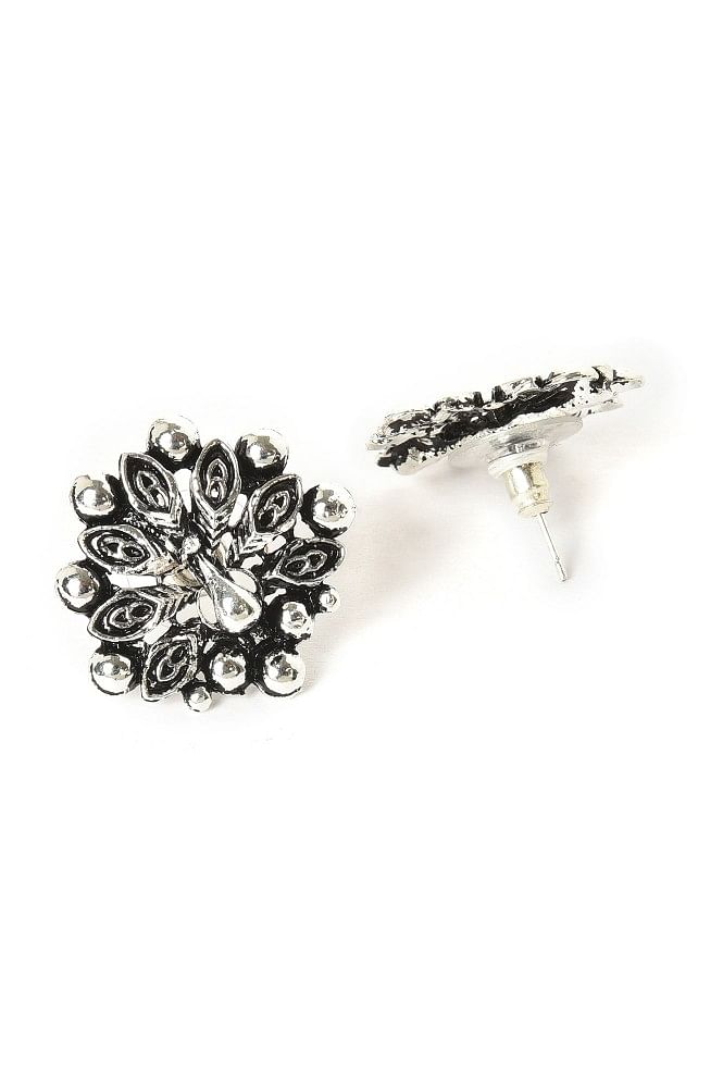 Shoshaa Silver Toned Oxidised Black Stone Floral Drop Earrings