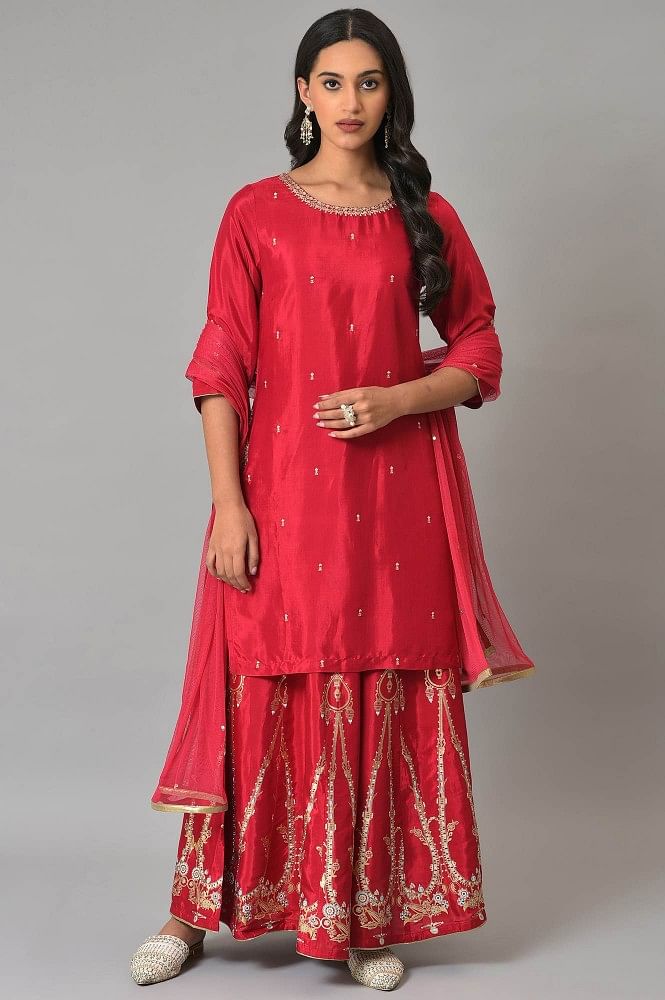 Red Satin Anarkali Set with Leheriya Prints Dupatta - Dress me Royal
