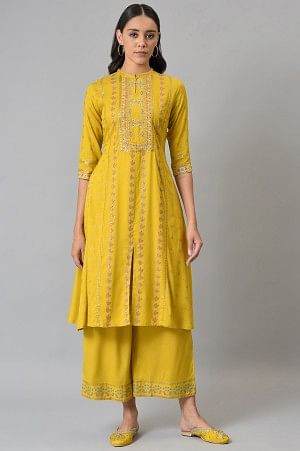 Dark Yellow Embroidered A-Line Kurta With Printed Parallel Pants