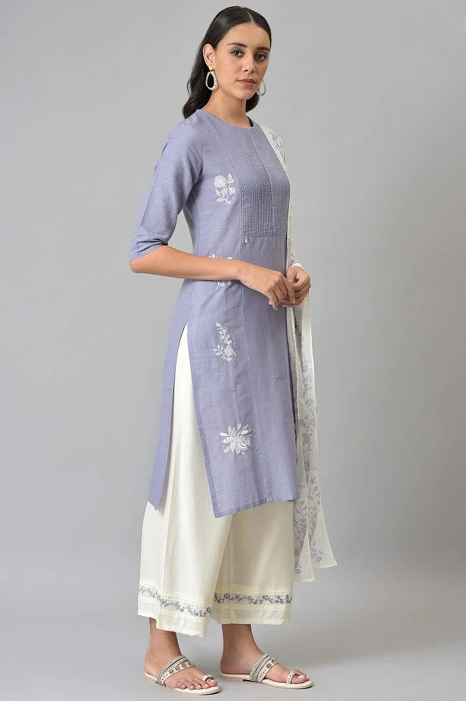 Teal Embroidered Front Slit kurta with Printed Parallel Pants