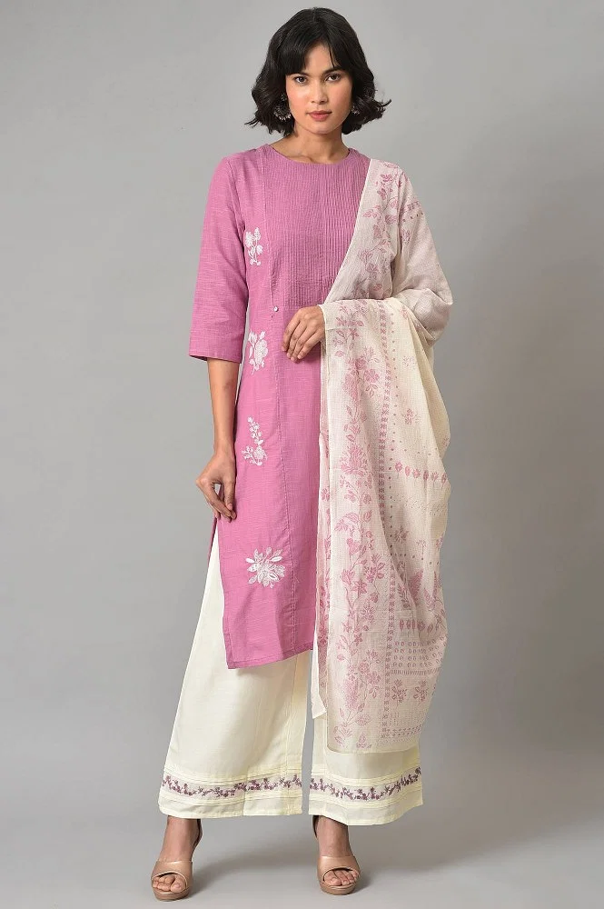 Buy Liva Eco Pink Embroidered Kurta With Off-white Pants And Dupatta Set  Online - W for Woman