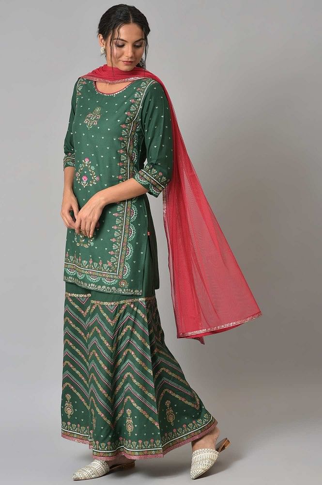 Buy Dark Green Glitter Floral Printed Kurta With Sharara Pants And Pink  Dupatta Online  W for Woman