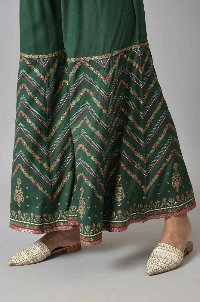 Green sharara cut trousers with kurti and scarf  set of three by Kaaj   The Secret Label