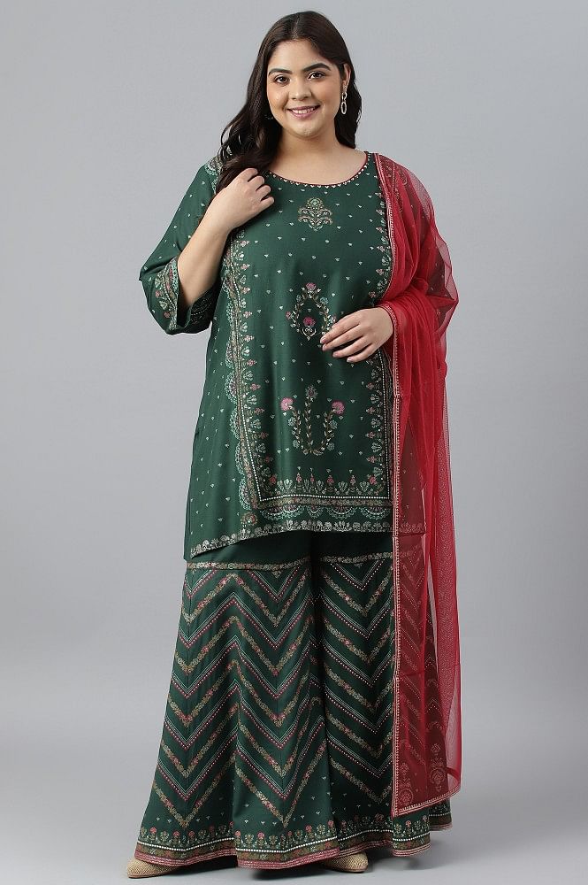 Buy Dark Green Glitter Floral Printed Kurta With Sharara Pants And Pink  Dupatta Online - W for Woman