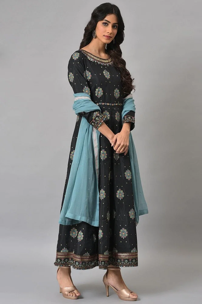 Jet Black Printed Kalidar Embroidered Dress With Blue Chiffon Dupatta