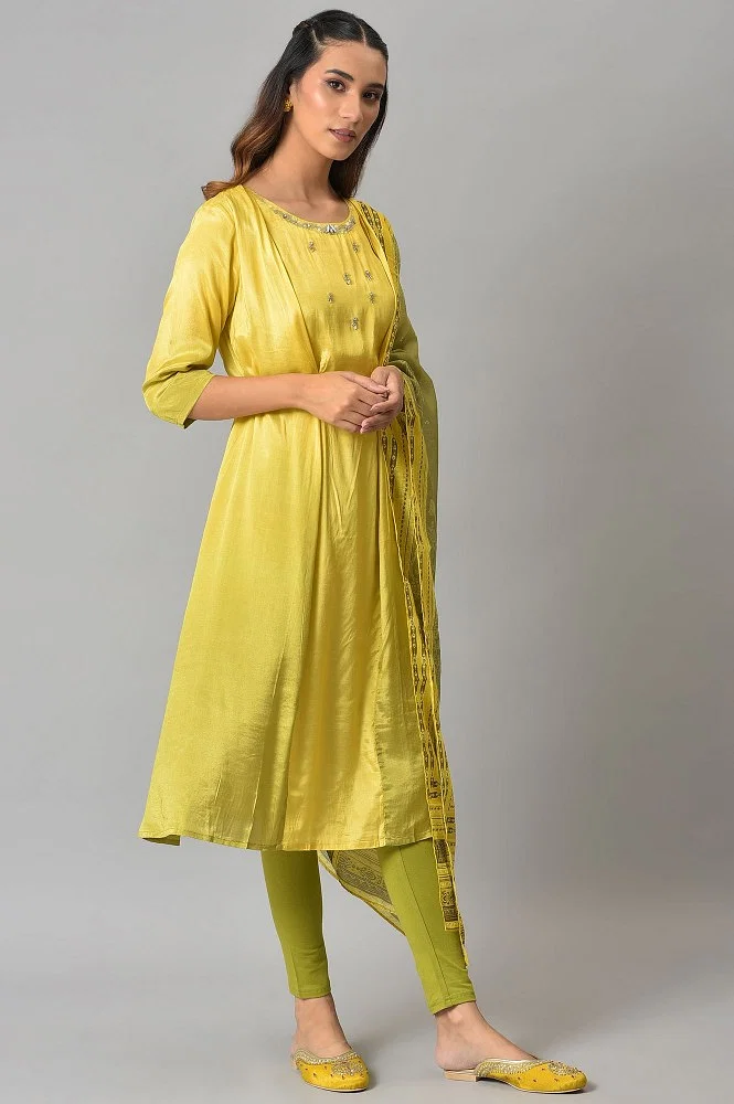Lemon Yellow And Olive Green Printed kurta With Tights And Dupatta