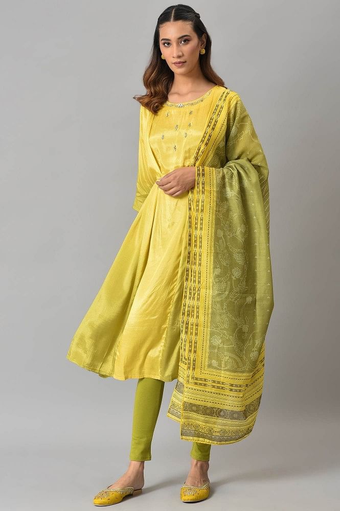 Buy Kasturi-B Women's Yellow Cotton Kurta With Green Leggings Suit Set With  Chikankari at Amazon.in