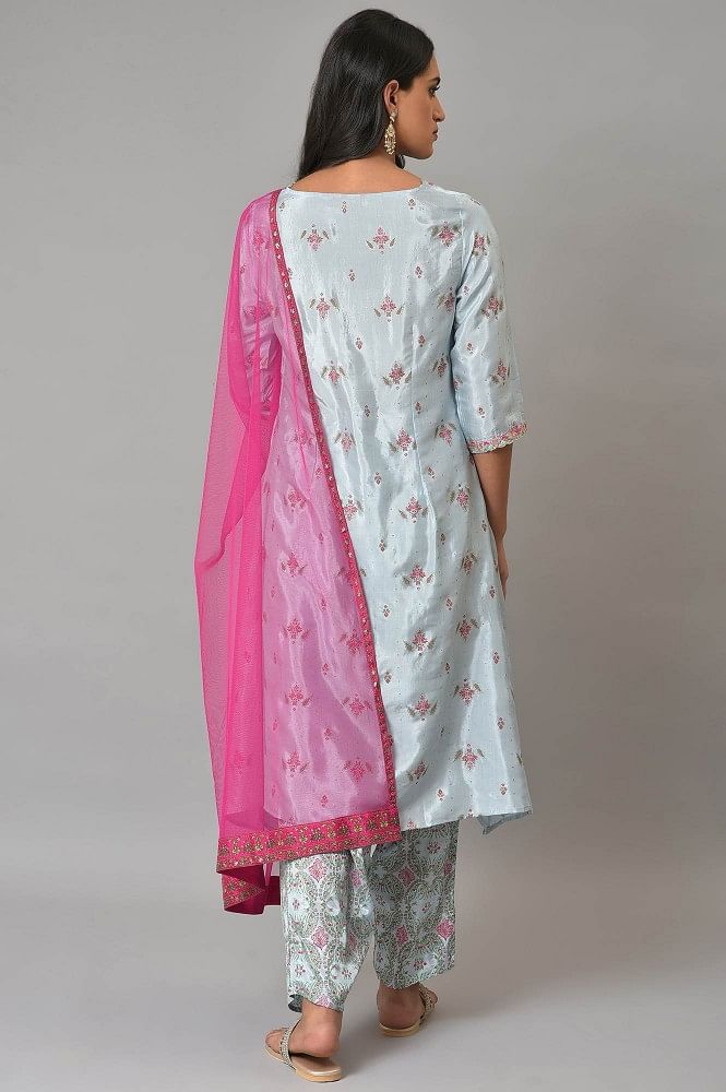 Pastel Pink Floral Print Kurta With Trouser Pants & Dupatta (Set of 3) –  The Kapas
