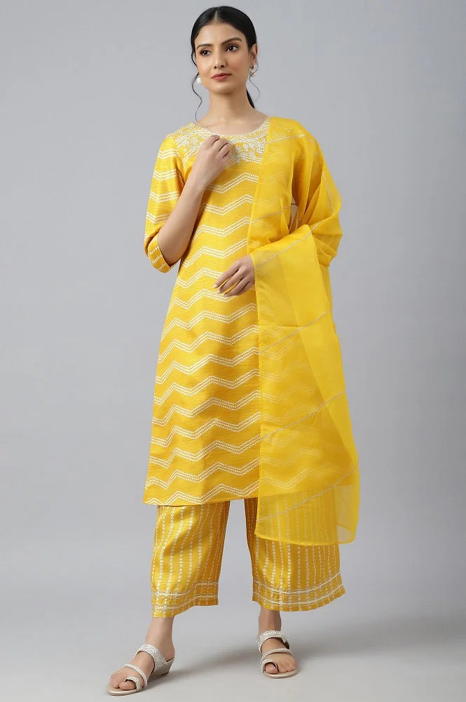 Sara Round Neck Printed Design Yellow Patiala Suit, Without blouse piece,  5.2 m (separate blouse piece) at Rs 2000/set in Dhanbad