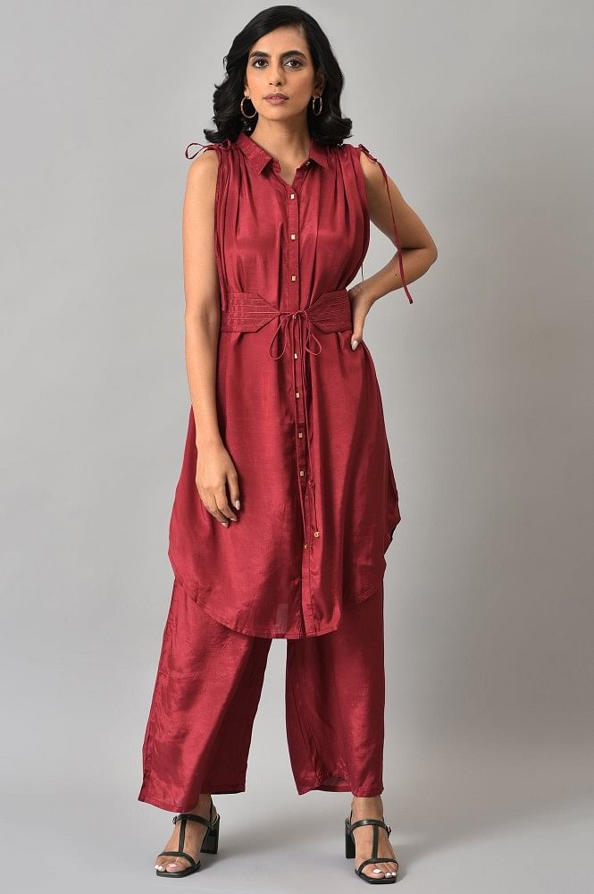 Buy online Coral Red Rayon Gathered Kurta Parallel Pants Suit Set for women   kids at best price at