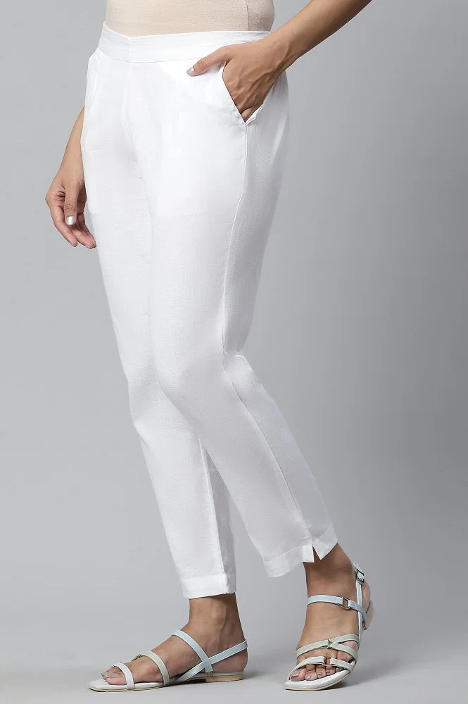 White Cotton Flax Women Trousers, 53% OFF