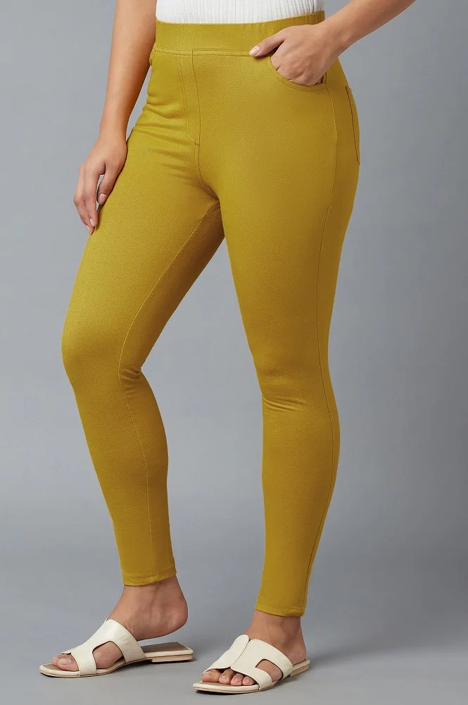 Buy Yellow Slim Fit Twill Knit Jegging Online - Aurelia