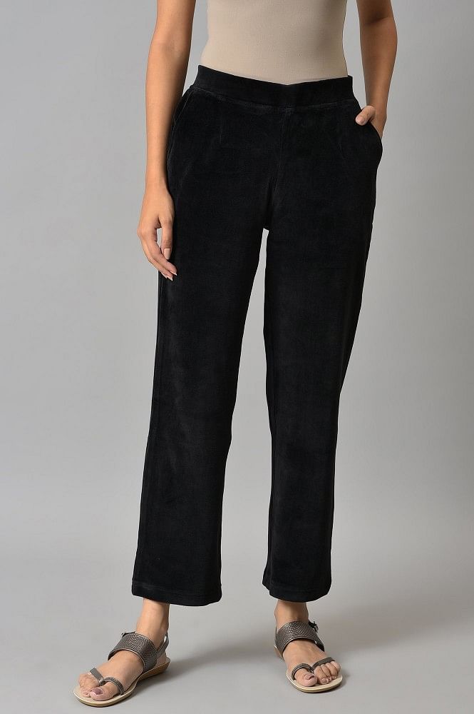 Buy SASSAFRAS Women Black Velvet Bell Bottom Trousers - Trousers for Women  6960349 | Myntra