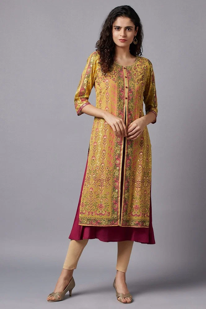 Buy Plus Size Mustard Yellow Embroidered Kurta With Green Tights And  Printed Dupatta Online - W for Woman