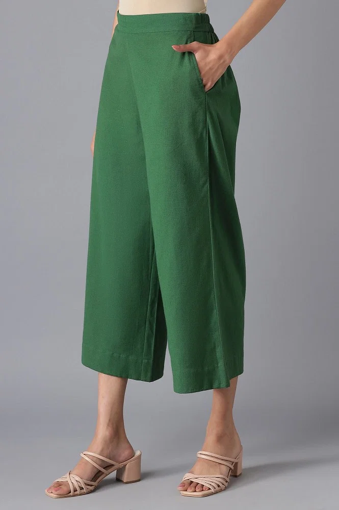 Buy online Green Pleated Cotton Culottes Pants from bottom wear