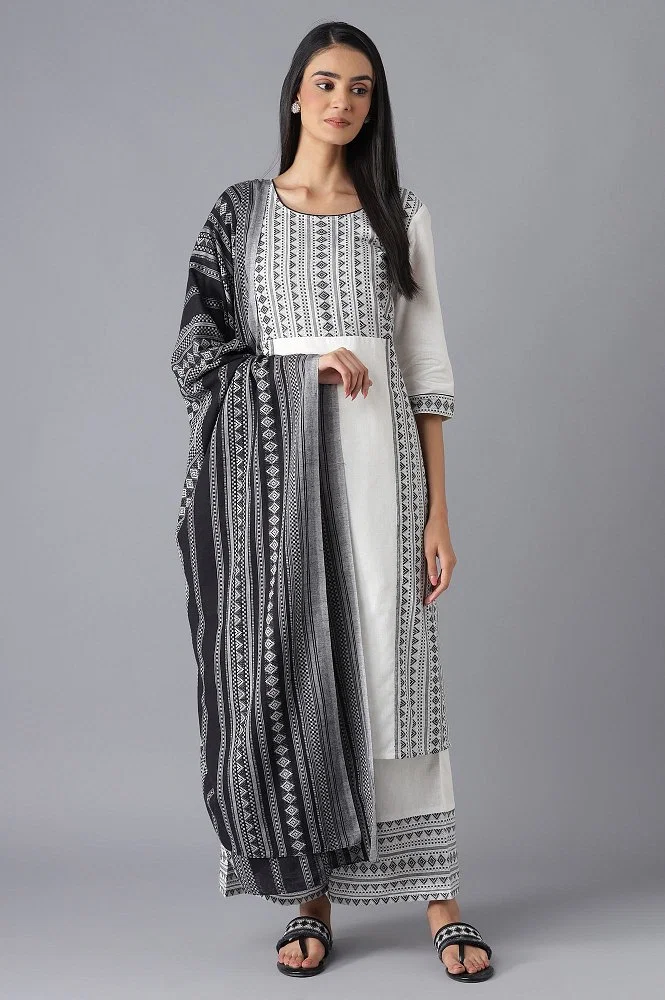 Buy Grey Yarn-dyed Kurta Straight Palazzo And Dupatta Set Online - Aurelia