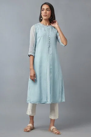 Blue Embroidered Gilet with Textured Kurta