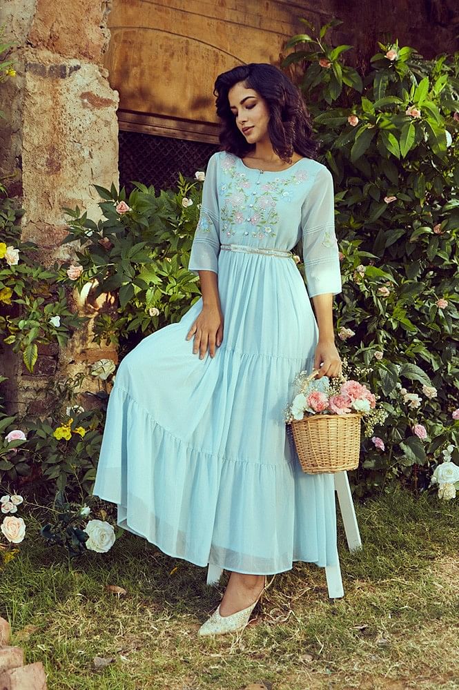 Powder blue printed bell sleeve tiered dress with inner slip - Set Of Two  by Studio Misri | The Secret Label