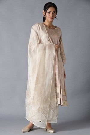 Pink A-Line Round Neck Kurta With Parallel Pants And Organza Dupatta