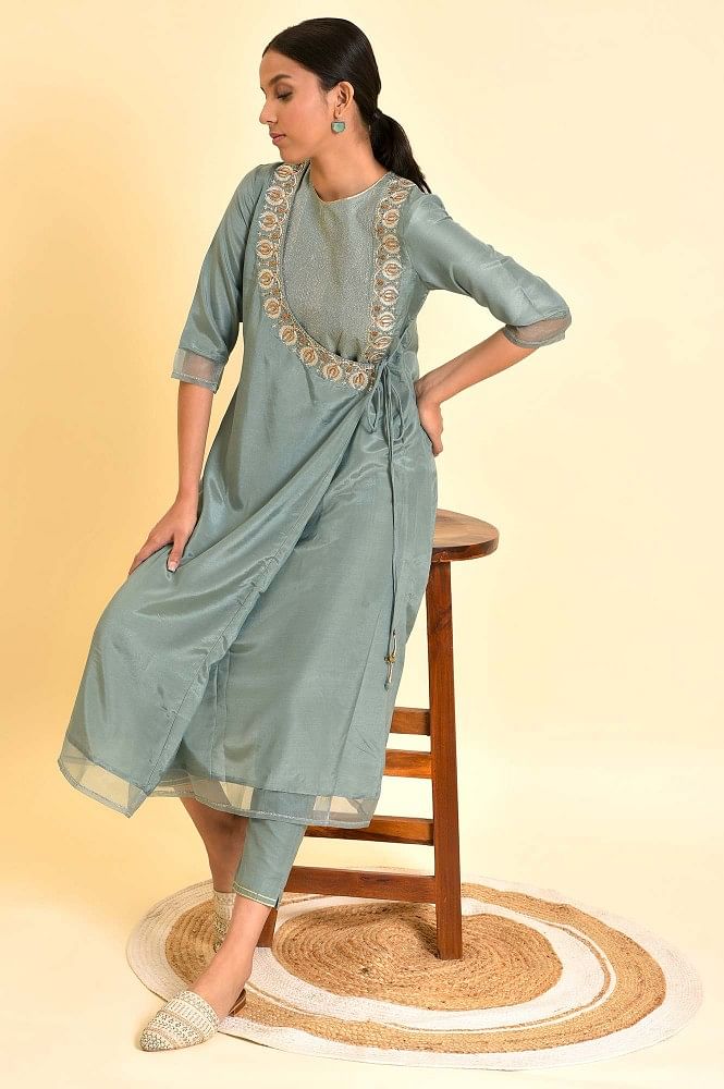 Cotton Printed Angrakha Style Kurta Design, Grey – Anushil