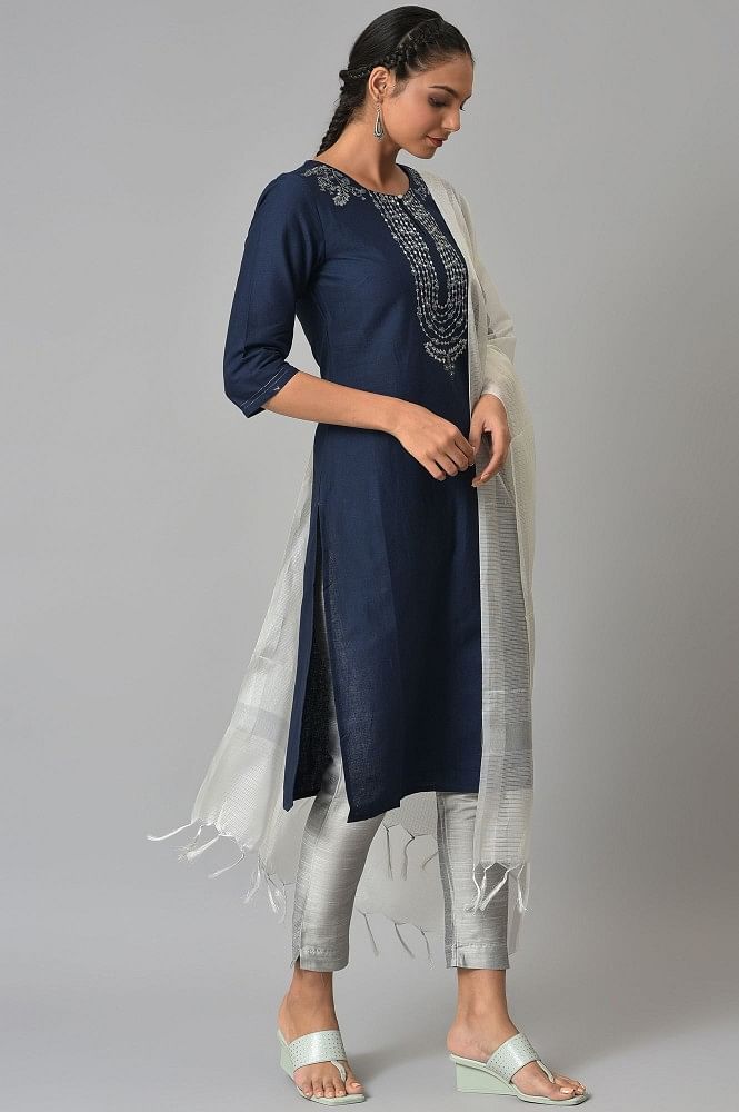 Navy Blue Viscose Blend Embroidered Straight Kurta with Cutdana Work at Soch