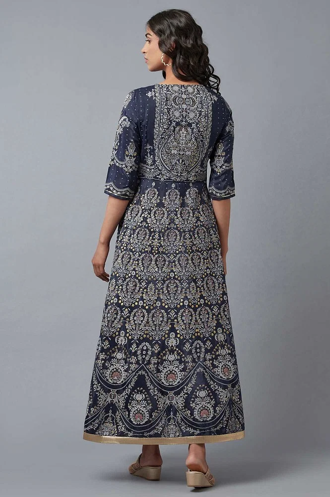 Cotton Floral Print Navy Blue Printed White Gown, 3/4 Sleeve at Rs