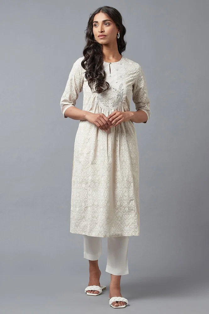 Buy White Cotton Kurta With Thread Embroidery Online - W for Woman