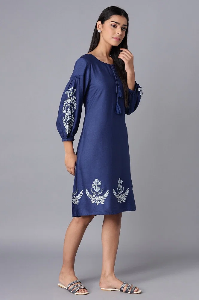 W for Woman Navy Blue Embroidered Gathered Dress