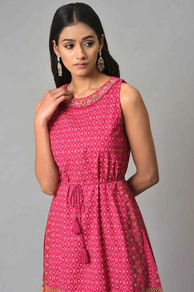 Dark Pink Sleeveless A-Line Dress With Embroidery