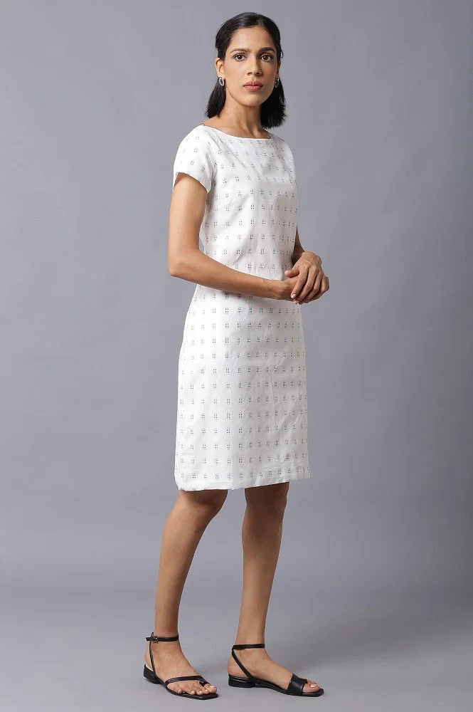 Buy Ecru Solid Cotton Dobby Textured Dress In Round Neck Online - Shop for W
